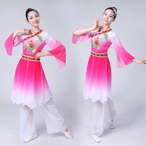 Women's chinese folk dance costumes  fuchsia blue green ancient traditional new year celebration classical yangko fan fairy cosplay dresses